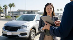 Customer inspecting a white vehicle at an outdoor car rental lot in California