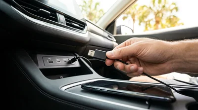 Close-up of a USB-C charging adapter plugged into the dashboard of a Florida car rental