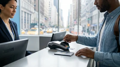 Close-up of a customer handing a credit card to an agent at a New York car rental counter