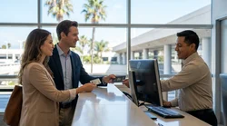 Two people handing driving licences to a clerk at a car rental counter in California