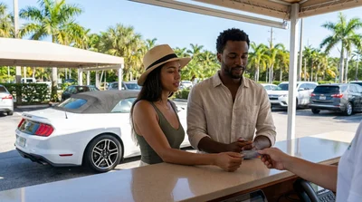Customer handing a physical credit card to an agent at a car rental desk in Miami