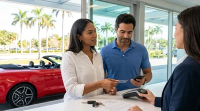 Customer handing a physical credit card to an agent at a Miami car rental desk