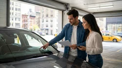 Driver reading a car rental agreement next to a dashboard odometer in New York
