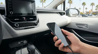 Close-up of a charging cable plugged into a USB-C port on a modern car rental dashboard in California