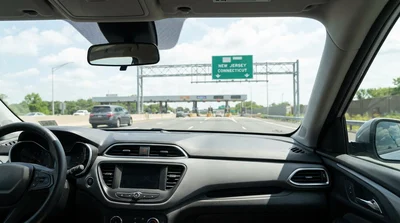 Silver car rental driving on a highway with the New York skyline in the background