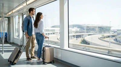 Passengers with rolling luggage walking towards the car rental desks at San Francisco airport