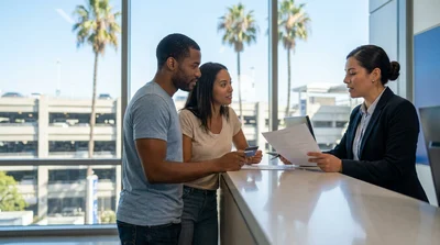 Customer showing paperwork to an agent at a car hire desk in Los Angeles