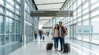 Travelers with luggage at a shared car rental counter at SFO airport in San Francisco