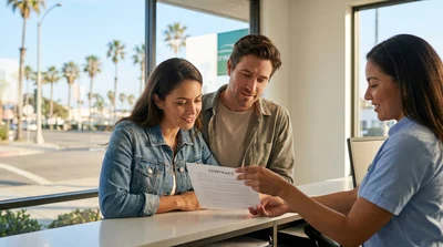 Person driving a car rental on a sunny coastal highway overlooking the ocean in California