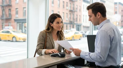 Customer receiving keys from an agent at a New York car rental counter