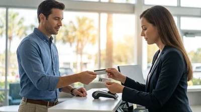 Hands exchanging a credit card and car keys at a car rental desk in Orlando