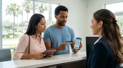 Person handing a credit card to an agent at a car hire counter in Orlando