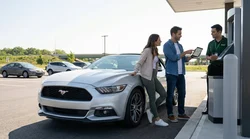 A silver car rental driving on a bridge away from the New York City skyline