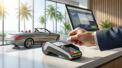 Customer handing a credit card to a service agent at a Florida car rental counter