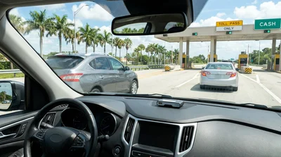 Dashboard view of a car rental approaching a sunny highway toll plaza in Florida
