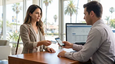 Customer holding auto insurance paperwork at a car rental counter in California