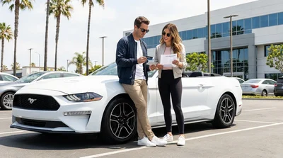 Person handing a credit card to an agent at a car hire counter in Los Angeles
