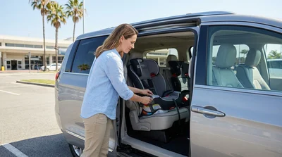 Smiling toddler securely buckled into a child seat in the back of a Florida car hire vehicle