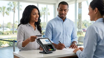 Person entering a PIN into a credit card reader at an Orlando car hire counter