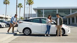 White hybrid car rental parked on a coastal highway overlooking the ocean in California