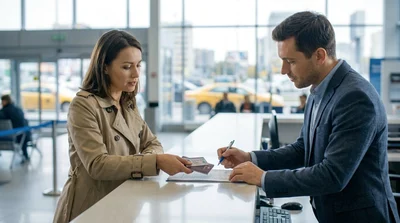 Woman holding car keys and showing ID at a car rental desk in New York
