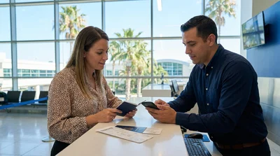 Customer holding a boarding pass at a Miami airport car hire desk