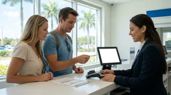 Close-up of hands passing a credit card to an agent at a Florida car hire counter