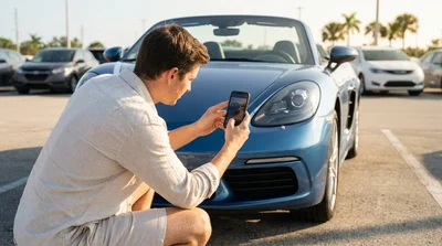A person using a smartphone to take photos of a white car rental in a bright Florida parking lot