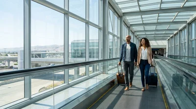 Passengers walking with suitcases through the San Francisco airport toward the car rental facility
