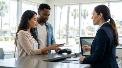 Customer presenting a credit card to an agent at a car hire desk in California