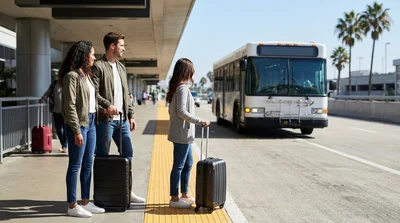 Travelers with luggage boarding a car rental shuttle bus outside Terminal 5 in Los Angeles
