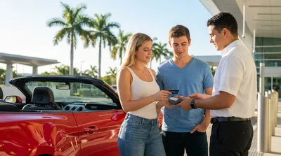 Close up of a young customer handing a credit card to a car rental agent in Miami