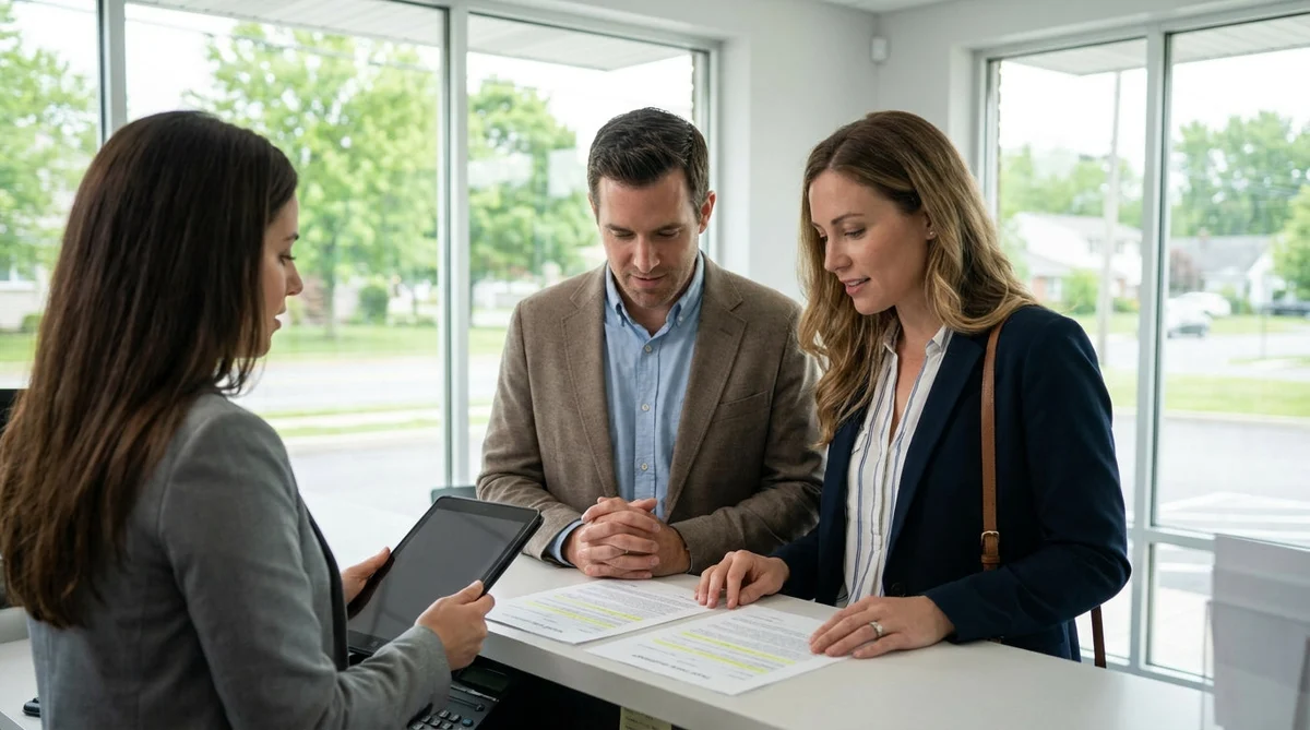 A woman handing car keys to a customer at a car rental counter in Pennsylvania