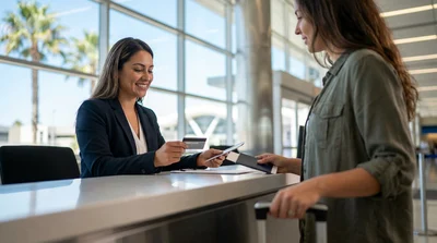Customer presenting a credit card to an agent at a car hire counter in Orlando