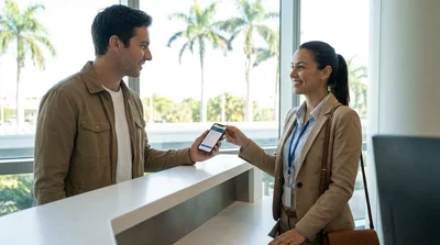 Traveler showing a smartphone screen to an agent at a car rental counter in Miami
