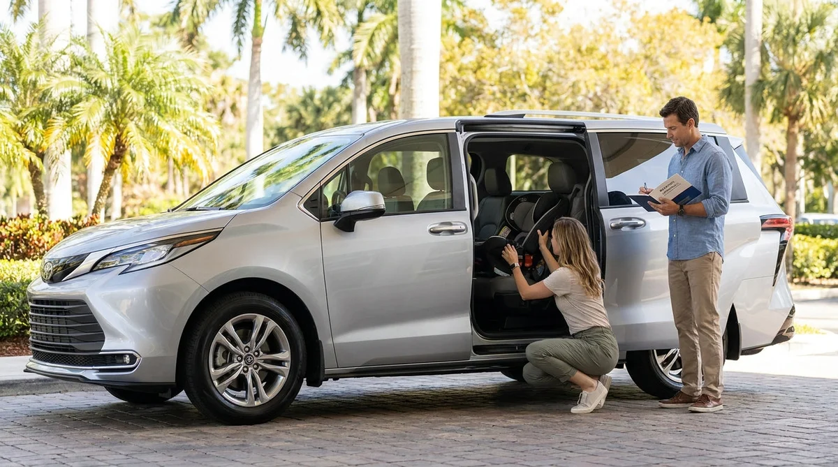 A clean baby seat securely installed in the back of a car rental vehicle parked under palm trees in Orlando