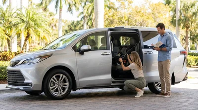 A clean baby seat securely installed in the back of a car rental vehicle parked under palm trees in Orlando