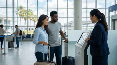 Travelers with luggage approaching shared car hire counters at Orlando Airport