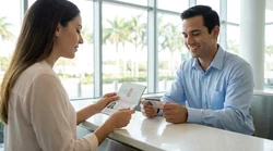 Person holding a passport and driving licence at a car hire desk in Miami