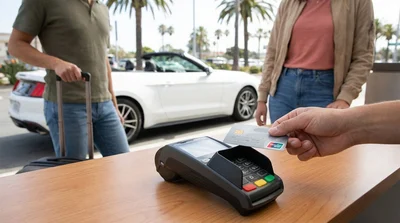 Customer handing a credit card to an agent at a California car rental counter