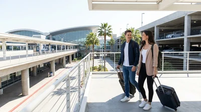 Traveler with luggage walking outside the LAX Metro station in Los Angeles toward a car hire pickup area
