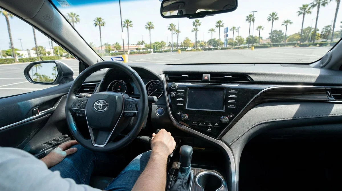 Driver using steering wheel hand controls inside a car rental on a sunny California highway