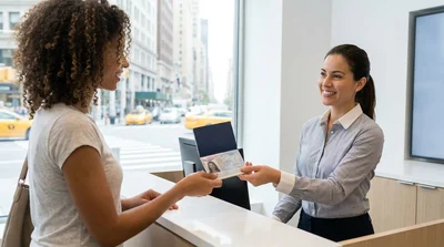 Customer handing an open passport to an agent at a car rental desk in New York
