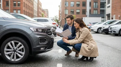 Person taking photos and reviewing car rental paperwork next to a parked vehicle in New York