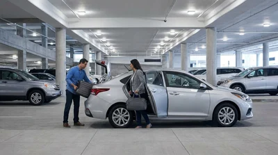 White car rental parked at the arrivals curb outside a New York airport terminal