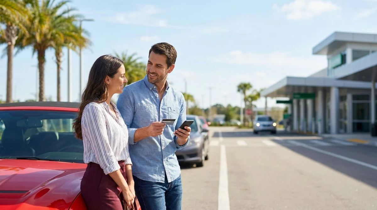 Person placing a credit card on a car rental counter next to car keys in Orlando