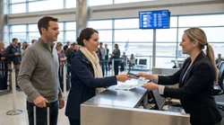 Customer handing a passport to an agent at a car rental counter in the United States