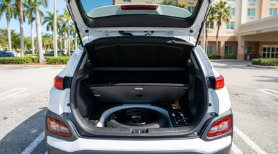 Open trunk revealing a spare tyre in a white car rental parked under palm trees on a sunny Miami street