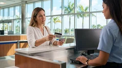 Close-up of a traveler handing a credit card to an agent at a Florida car rental desk