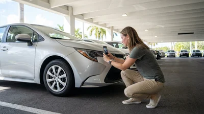 Person using a smartphone to photograph a car rental in a sunny Florida parking lot